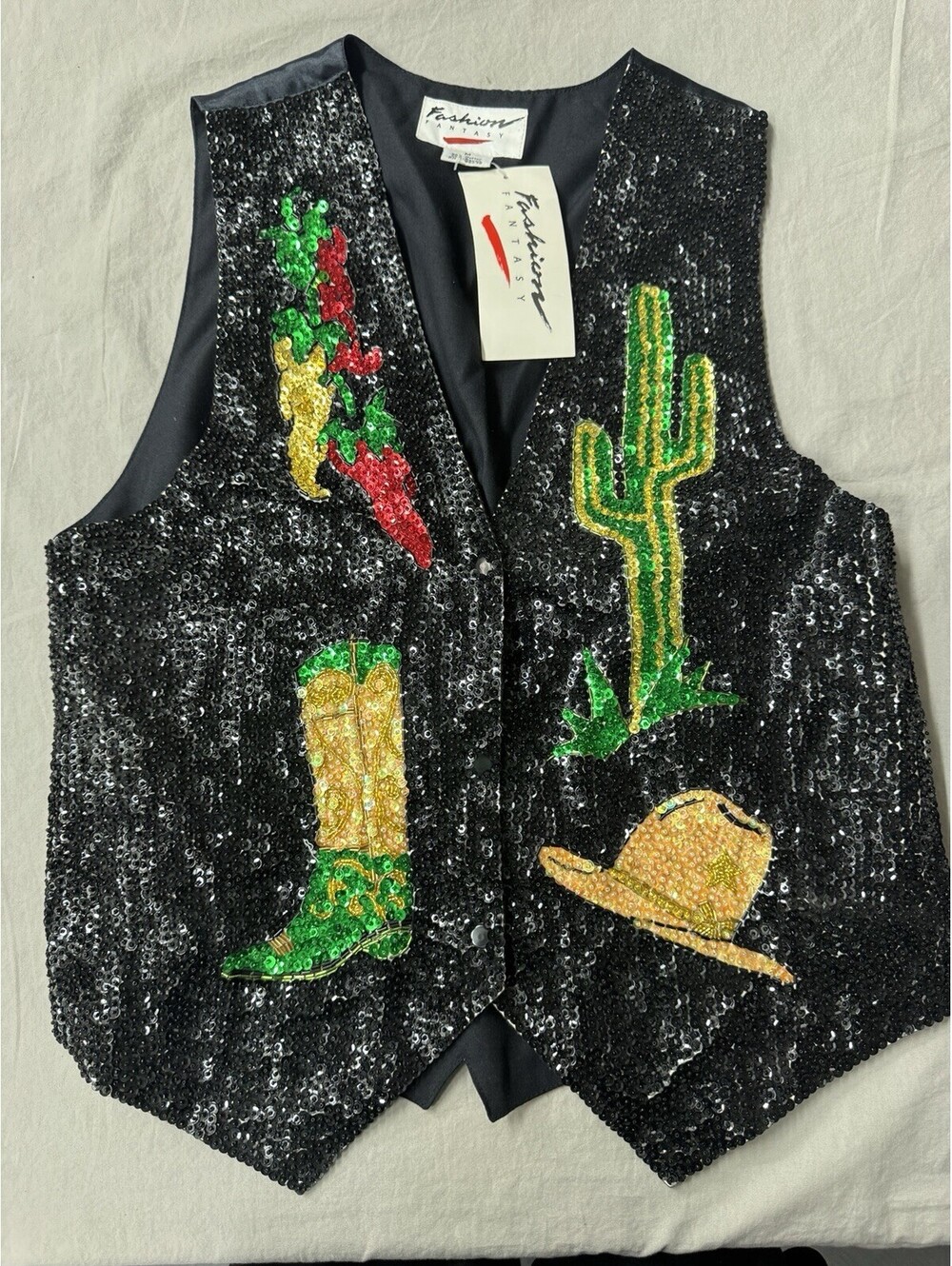 Vintage Fashion Fantasy Sequin Vest Women's M - Western Cactus Boots Hat Chili